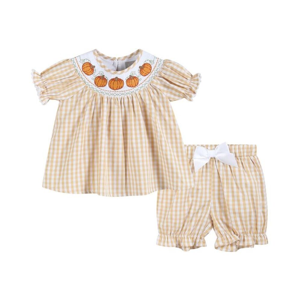 Lil Cactus Smocked Gingham Pumpkin 12-18 mo Baby Girls Matching Set